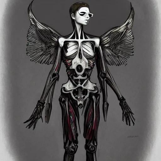 Prompt: modern Angel standing in the front of a forest . Angel is wearing an armor. angel is draped with bones.Anatomical medical picture. Concept art. Digital painting. Art station. Mood lighting. Skindness, highly detailed, concept art, intricate, sharp focus, man ray - h 1200