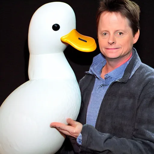 Image similar to michael j fox, holding a white duck