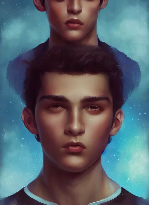 Image similar to a magical portrait of a young colombian male gang member with beautiful brown eyes and short black hair, art by manuel sanjulian and tom bagshaw