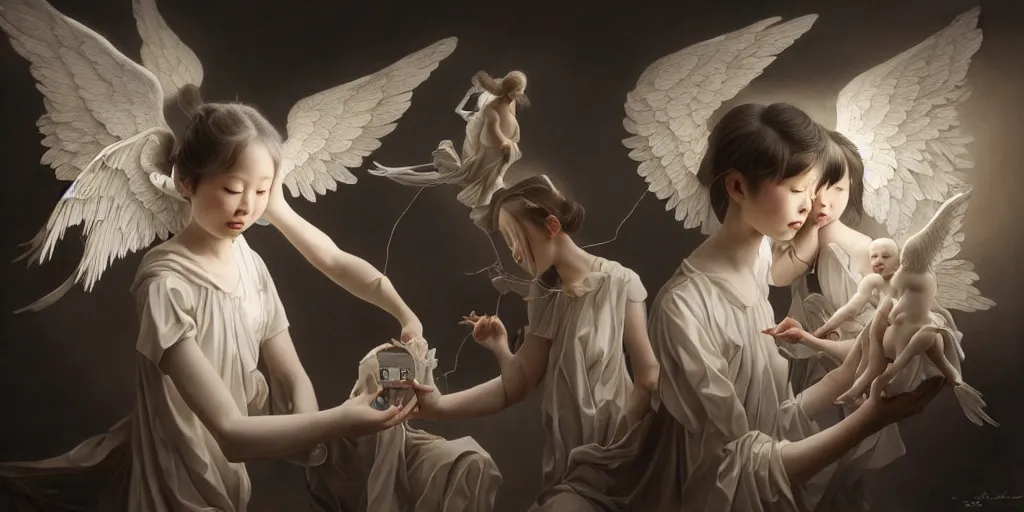 Prompt: hyperrealistic photography of angels assisting a genepool machine in the style of Jin Kagetsu, patricia piccinini, James Jean and wlop, highly detailed, masterpiece, award-winning, sharp focus, intricate concept art, ambient lighting, 8k, artstation