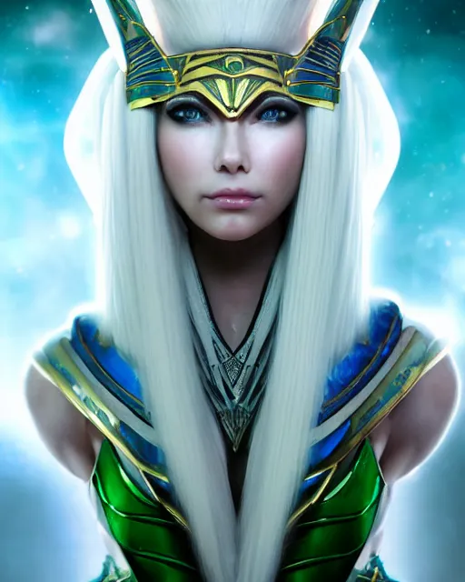 Image similar to perfect white haired attractive egyptian goddess, warframe armor, pharaoh headdress, beautiful, symmetric, dreamy, half asian, pretty face, green eyes, charlize theron, detailed, scifi platform, laboratory, experiment, 4 k, ultra realistic, epic lighting, android body, illuminated, cinematic, masterpiece, art by akihito tsukushi, voidstar