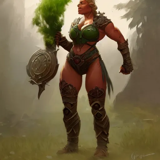 Image similar to a full body portrait of a toned physique green orc woman with a ponytail in full plate armor, by greg rutkowski, wlop, astri lohne, trending on artstation