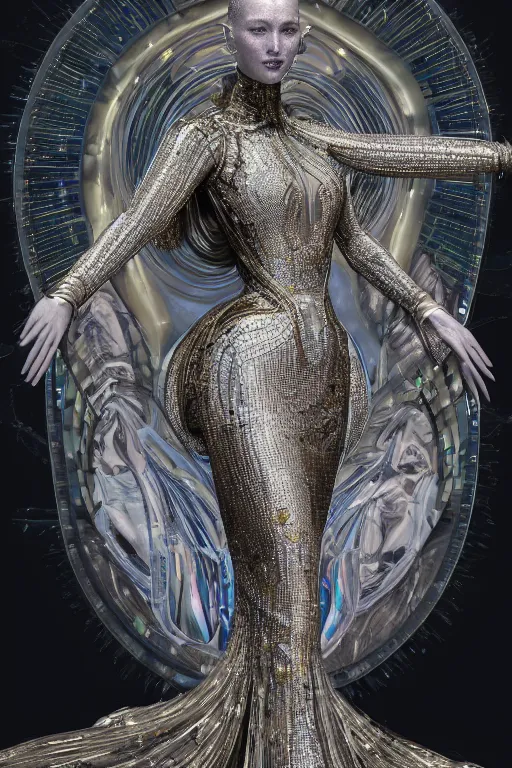 Image similar to a highly detailed metahuman render painting of an alien goddess bella hadid in iris van herpen dress schiaparelli in diamonds and jewelry in style of alphonse mucha trending on artstation made in unreal engine 4