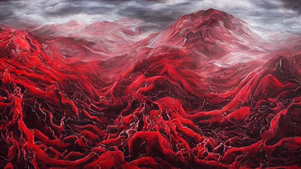 Image similar to dark blood red detailed landscape, chilling overwhelming oil painting, brutal unforgiving fantasy hell, dreadful and horrifying endless torture