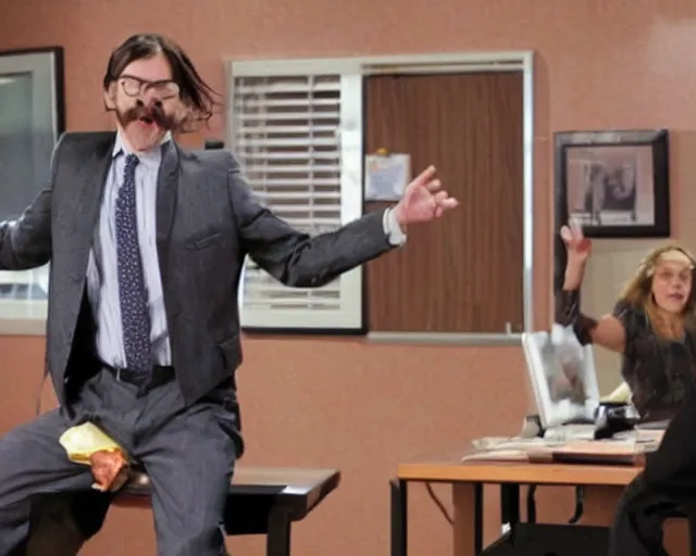 Prompt: Brandon Boyd as David Brent in a scene from The Office UK, still frame from BBC tv show