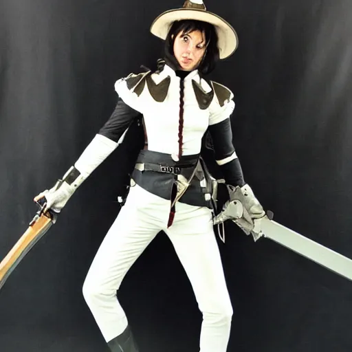 Image similar to photo of a futuristic female musketeer