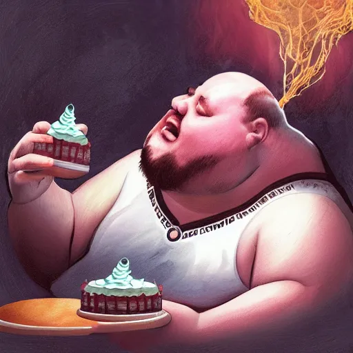 Prompt: a fat man eating a cake as a magic the gathering card, realistic, magic art style