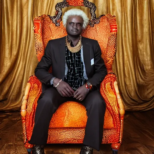 Image similar to african geert wilders wearing a silk shirt and many gold rings and necklaces, sitting in a red plush throne and smoking a cigar, 8 k, hdr, great light, gustave courbet, annie leibowitz