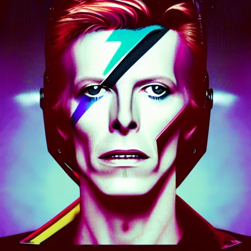 Prompt: Cyborg David Bowie album cover. Vaporwave, highly detailed, portrait.