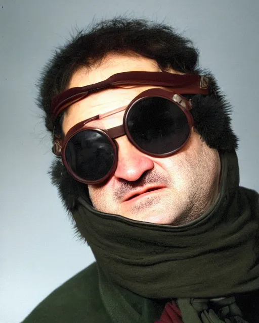 Image similar to headshot of john belushi wearing a leather ushanka and aviator goggles, he is also wearing an a 2 flight jacket, a long white scarf is wrapped around his neck, he has a 5 o'clock shadow, a crazed angry look on his face