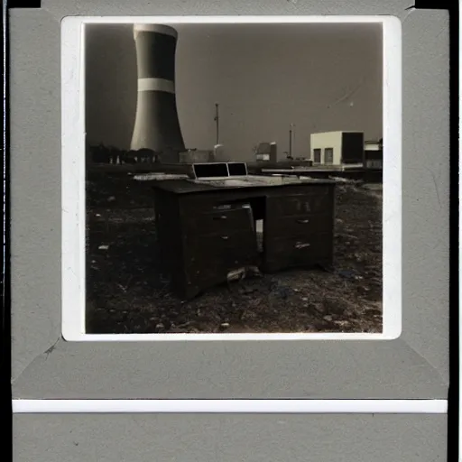 Image similar to a polaroid photo on a desk, found at an abandoned nuclear power plant, depicting the last moments of the workers, mystery, terrifying, psychopath, chilling