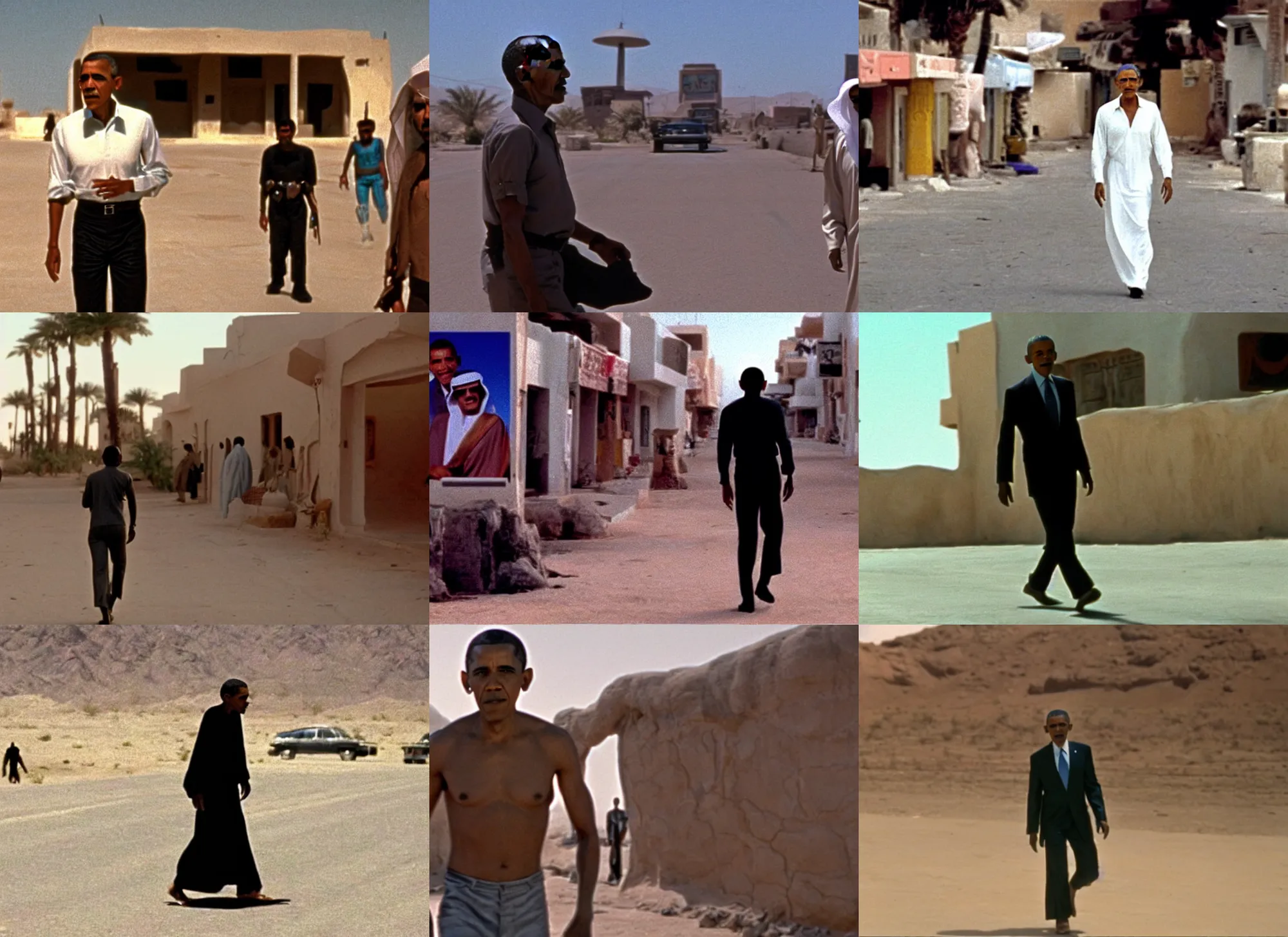 Prompt: color film still of obama walking in arabian town, alien ( 1 9 8 4 ).