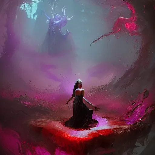 Prompt: !dream A Witch emerges from a pool of swirling purple and red magical liquid by Greg Rutkowski, 4k photorealistic, volumetric lighting, HD, high details, dramatic, trending on artstation