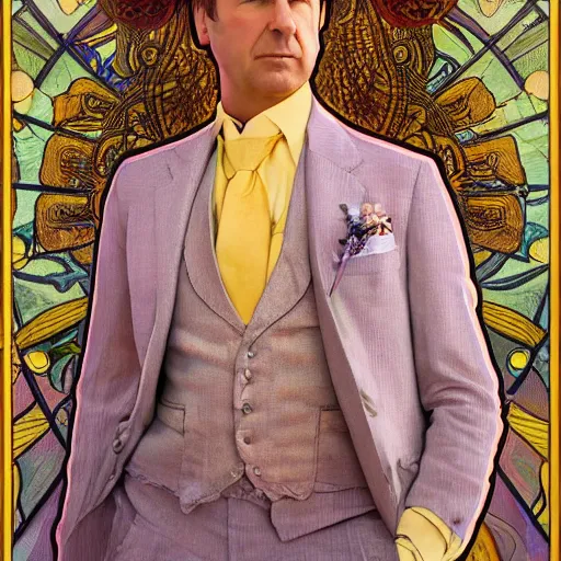 Image similar to saul goodman portrait picture by alfons mucha, golden hour, realistic, body shot, sharp focus, 8 k high definition, insanely detailed, intricate, elegant, cherry blossoms