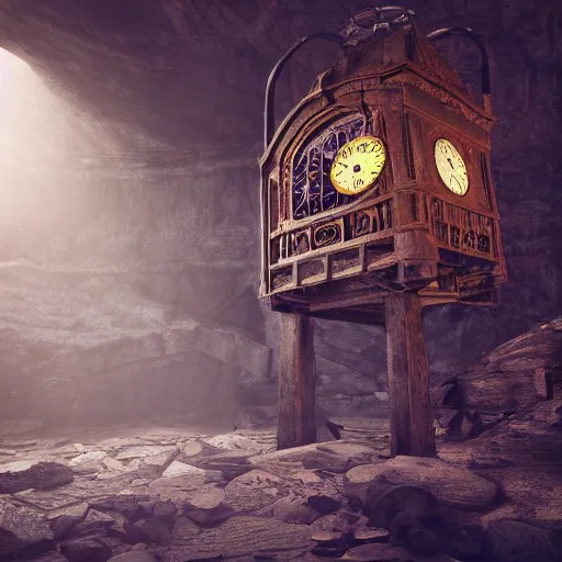Image similar to an abandoned old rusty clocktower in a dark enormous cave, Low level light , digital art, unreal engine, trending on artstation, 4K UHD image