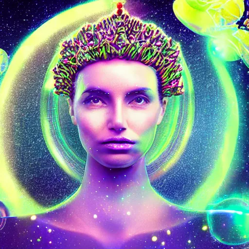 Prompt: hyperrealistic portrait of unknown extraterrestrial interstellar civilization woman in style of ingo swan, in style of retro sci - fi with holographic hexagonal flowers as crown 8 k