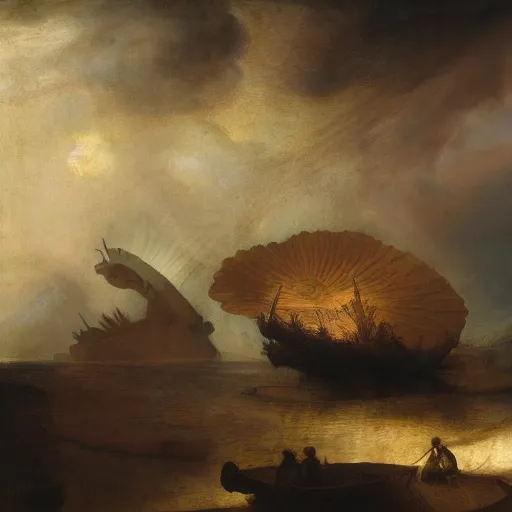 Prompt: anomalocaris in the sea, cambrian fauna, rembrandt baroque painting, dutch golden age landscape painting, mysterious, ambient light, dramatic light, soft colours