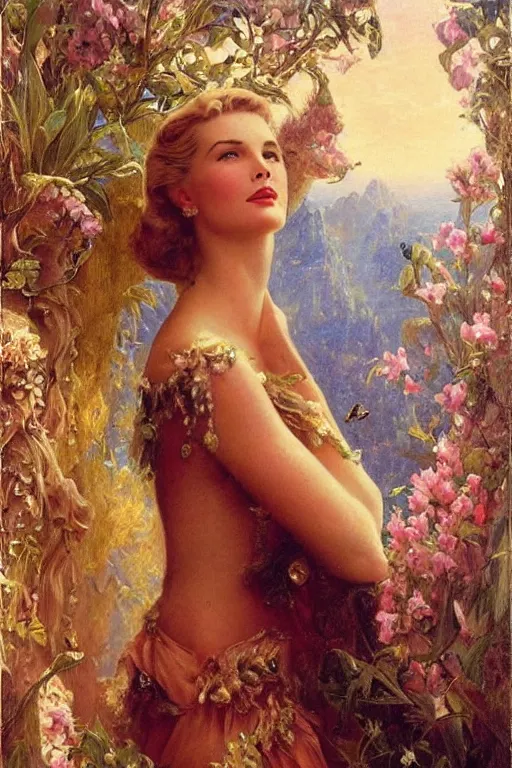Image similar to Grace Kelly explaining the birds and the bees in the style of Gaston Bussière, art nouveau, art deco. Lush detail. Perfect composition and lighting. Surreal architecture from the future. A shaft of light illuminates her.