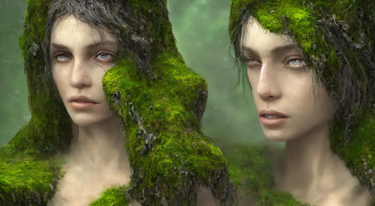 Prompt: Portrait of one single moss-covered older Gaia goddess shedding a single tear, highly-detailed, elegant, dramatic lighting, artstation, 4k