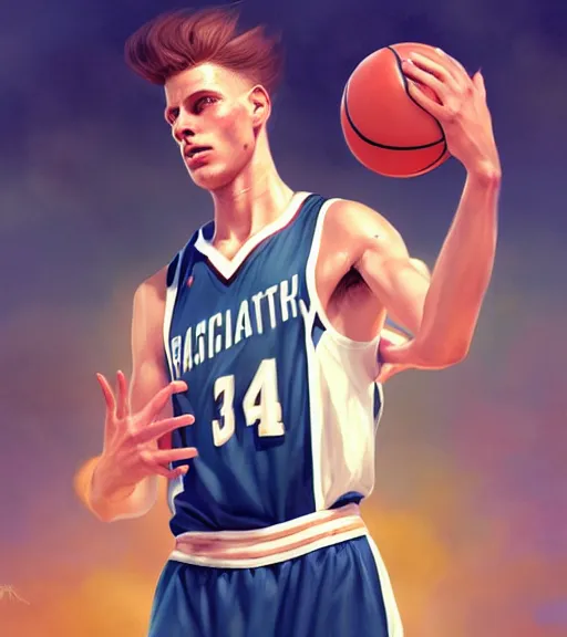 Image similar to portrait of a white boy playing basketball wearing a basketball uniform, intricate, elegant, highly detailed, centered, digital painting, artstation, concept art, smooth, sharp focus, illustration, by Peter Mohrbacher, WLOP