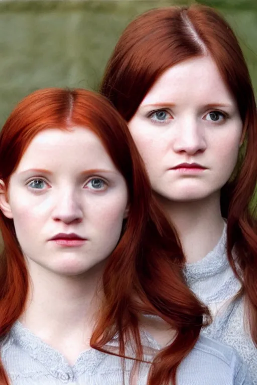 Image similar to ginny Weasley, symmetrical face two identical symmetrical eyes, feminine figure