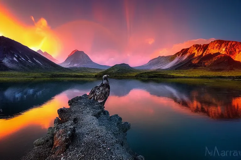 Image similar to amazing landscape photo of volcanic mountains with an eagle and lake in sunset by marc adamus beautiful dramatic lighting