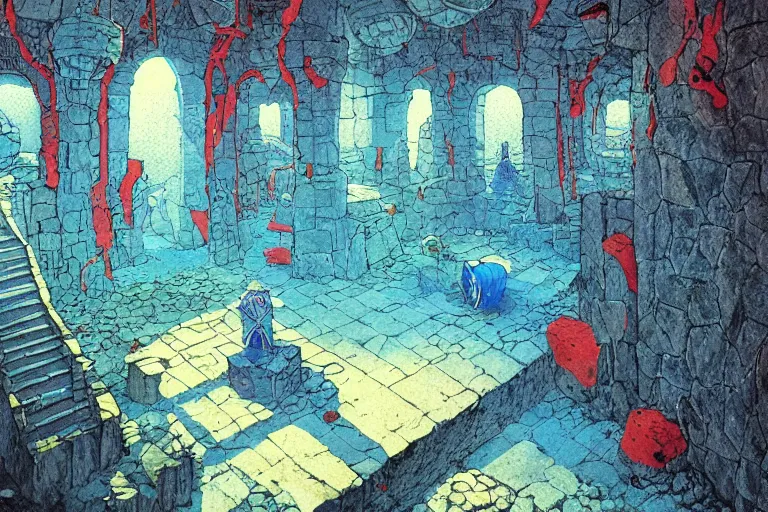 Prompt: burrowed POINT PERSPECTIVE DUNGEON grounds ROOM, painted by Edward Gorey and Moebius and Greg Rutkowski and Paul Wenzel and George Barr and Stephen Youll,trending on artstation, iridescent cool blue and cyan and red and blue and yellow and green lighting front view solarpunk , outrun , vibrant colors, Sabattier filter , Watercolor