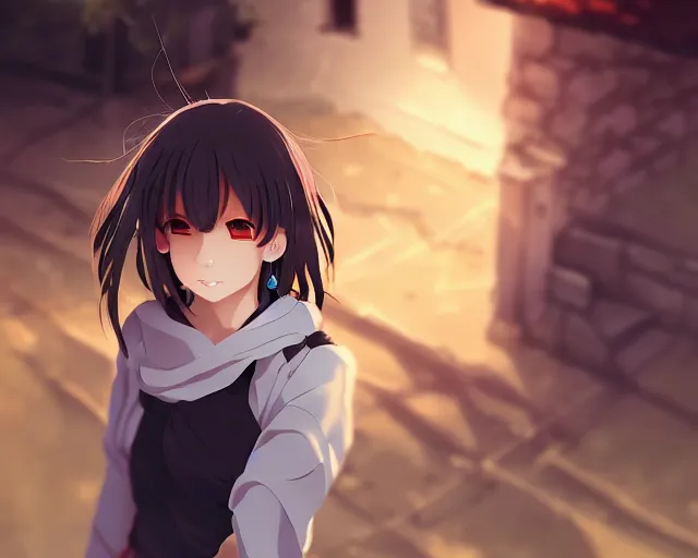 Prompt: key anime visual portrait of a young female in a village, dynamic pose, dynamic perspective, cinematic, dramatic lighting, muted colors, detailed silhouette, textured, finely detailed eyes, anime proportions