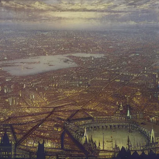 Image similar to an aerial view of future Tudor London by John Atkinson Grimshaw