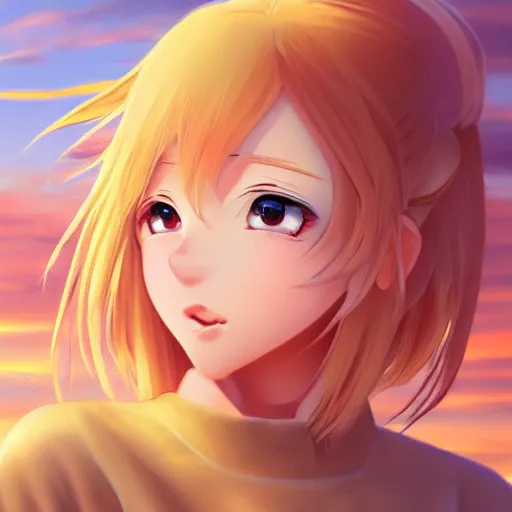 Image similar to blonde - haired princess, anime princess, wearing casual clothing, golden hour, partly cloudy sky, red clouds, orange sky, old town, strong lighting, strong shadows, vivid hues, ultra - realistic, sharp details, subsurface scattering, intricate details, hd anime, 2 0 1 9 anime