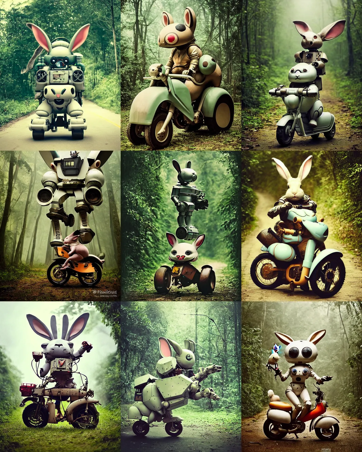 Prompt: attack pose !! giant oversized battle rabbit robot chubby mech baby as cute oversized wheels motorcycle with big ears and rabbit , on a jungle forest , full body , Cinematic focus, Polaroid photo, vintage , neutral dull colors, soft lights, foggy ,random weather, by oleg oprisco , by victor enrich