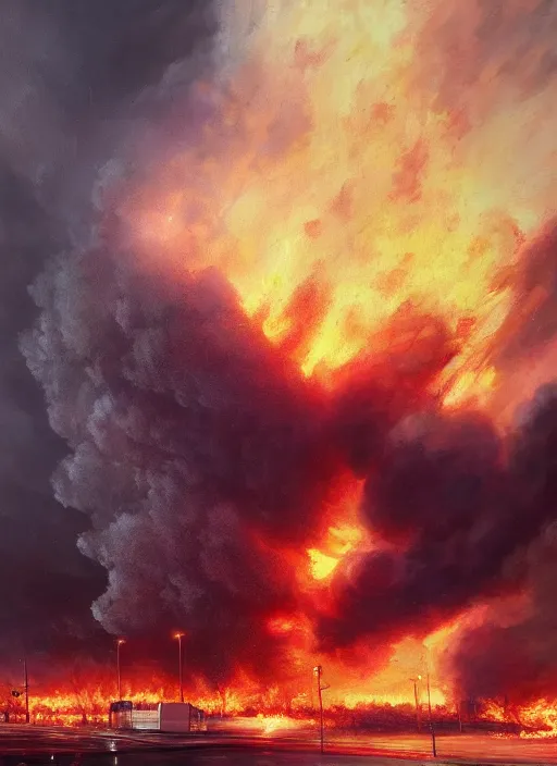 Prompt: cinematic shot, photo of a large tornado made from fire in a city, hyperrealism painting by jama jurabaev, extremely detailed, high resolution, artstation, for aaa game, high quality