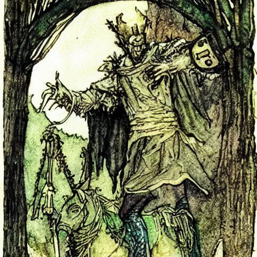 Prompt: The Green Knight, illustrated by Arthur Rackham, watercolour, romanticist, Arthurian