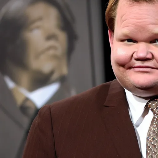 Image similar to Andy Richter is wearing a chocolate brown suit and necktie. Andy is standing under a running shower. The suit and necktie are soaking wet.