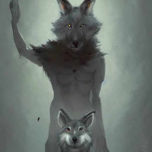 Image similar to A beautiful painting of an anthropomorphic wolf and rabbit. The rabbit has long rabbit ears on his head, and is sitting with his back to the wolf. The wolf's arms are wrapped around the rabbit's shoulders. Trending on artstation, greg rutkowski