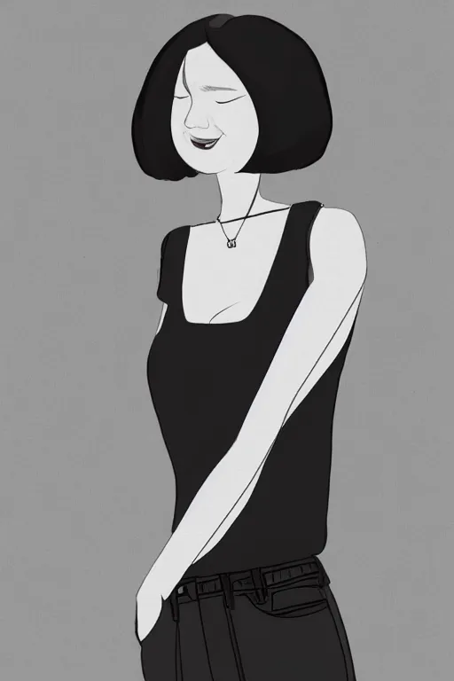 Prompt: portrait of a girl in long pants and a top, hands in pockets, eyes closed, bob haircut, digital art, black and white, lineart by bakartstudio 7