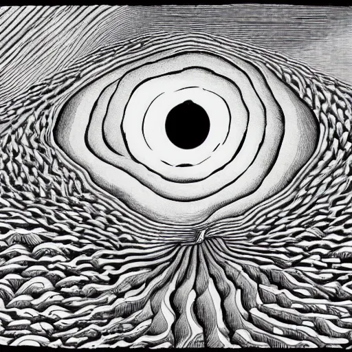 Prompt: a black and white drawing of a road splitting the ocean and leading to a giant eyeball in the distance, the eyeball is looking at clouds, beautiful coarse illustration, screen press, by mc escher