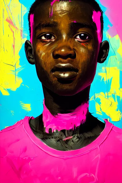 Image similar to portrait of a african young boy nor living in a death postapoliptic world, painted in acrylic, pigment, in the colors hot pink and cyan, beautiful realistic face, rule of thirds, soldier outfit, spotlight, by greg rutkowski, by jeremy mann, by francoise nielly, by van gogh, by ross tran, digital painting