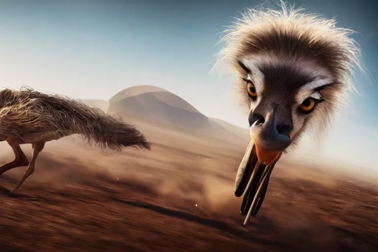 Image similar to an astronaut riding the fastest ostrich in a race, cinematic imax shot, retro, hyper detailed, windy mane, motion still