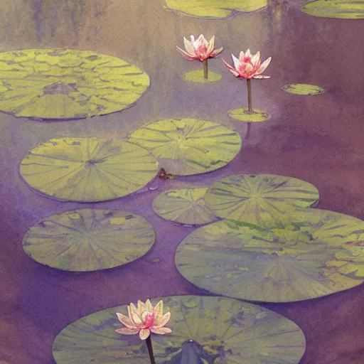 Image similar to a beautifull intricate watercolor painting of water lilies, reflexions, verry high details by william turner art, greg rutkowski and alphonse mucha, trending on artstation, very very detailed, masterpiece, - h 7 0 4