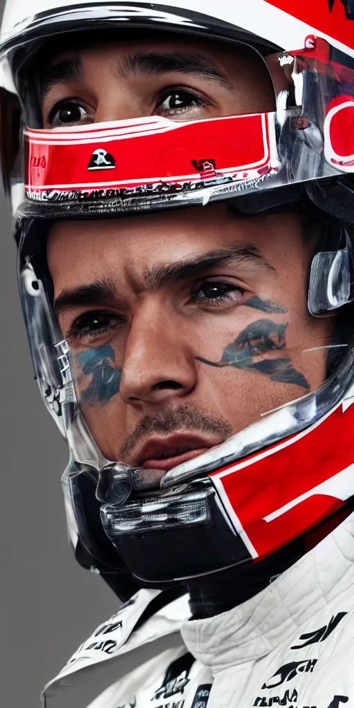 Image similar to A portrait of Lewis Hamilton in his racing uniform by Banksy, octane render,,highly details