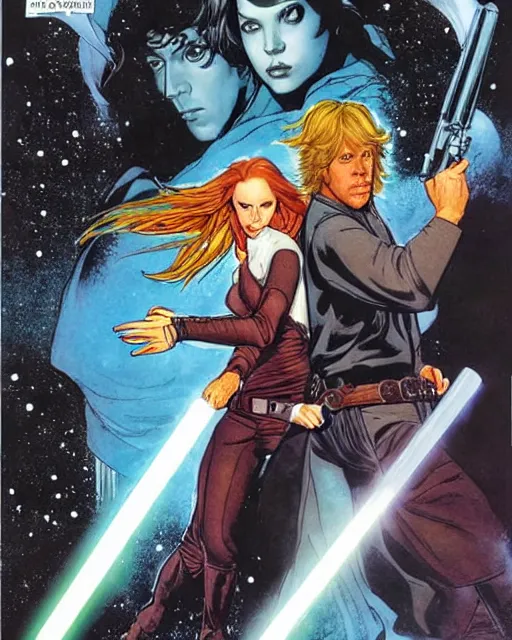 Image similar to mara jade and luke skywalker, cover art by jim lee