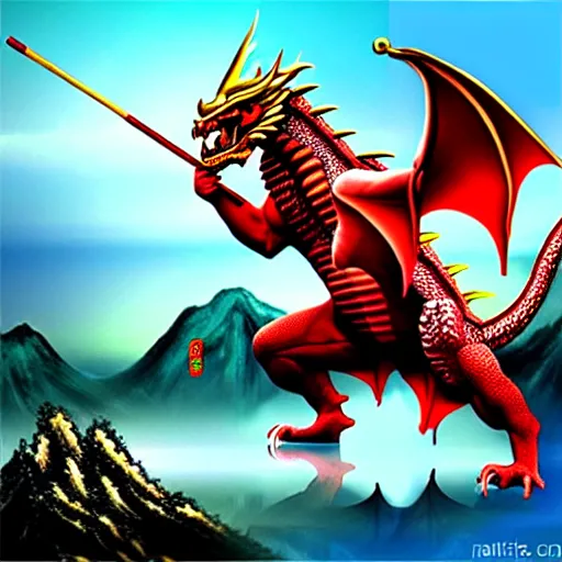 Image similar to Chinese president, battle, bananas weapon, dragon, mountains background, fighting stance, painting