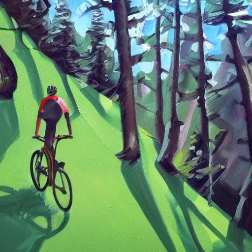 Image similar to man with helmet biking up a steep forest hill, sweaty. Oil painting. Emotional.