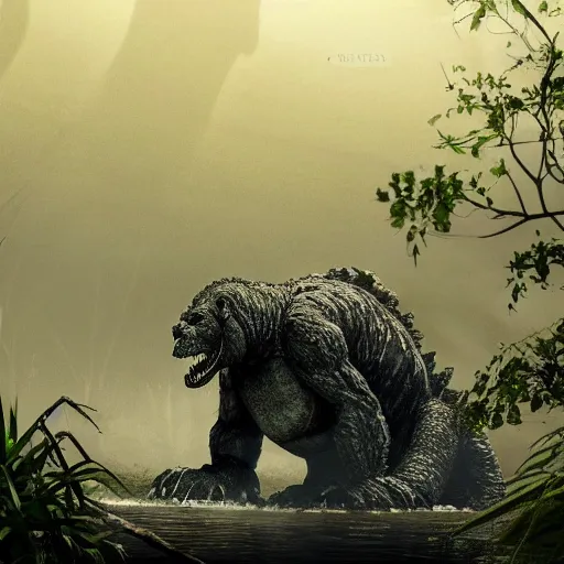 Prompt: A photograph of a giant monster lurking in the swamp, crocodile, mangrove swamp, murky water, (vines), gorilla, trending on artstation, ((tiger)), Godzilla, (((dragonfly))), ((mist)), bugs