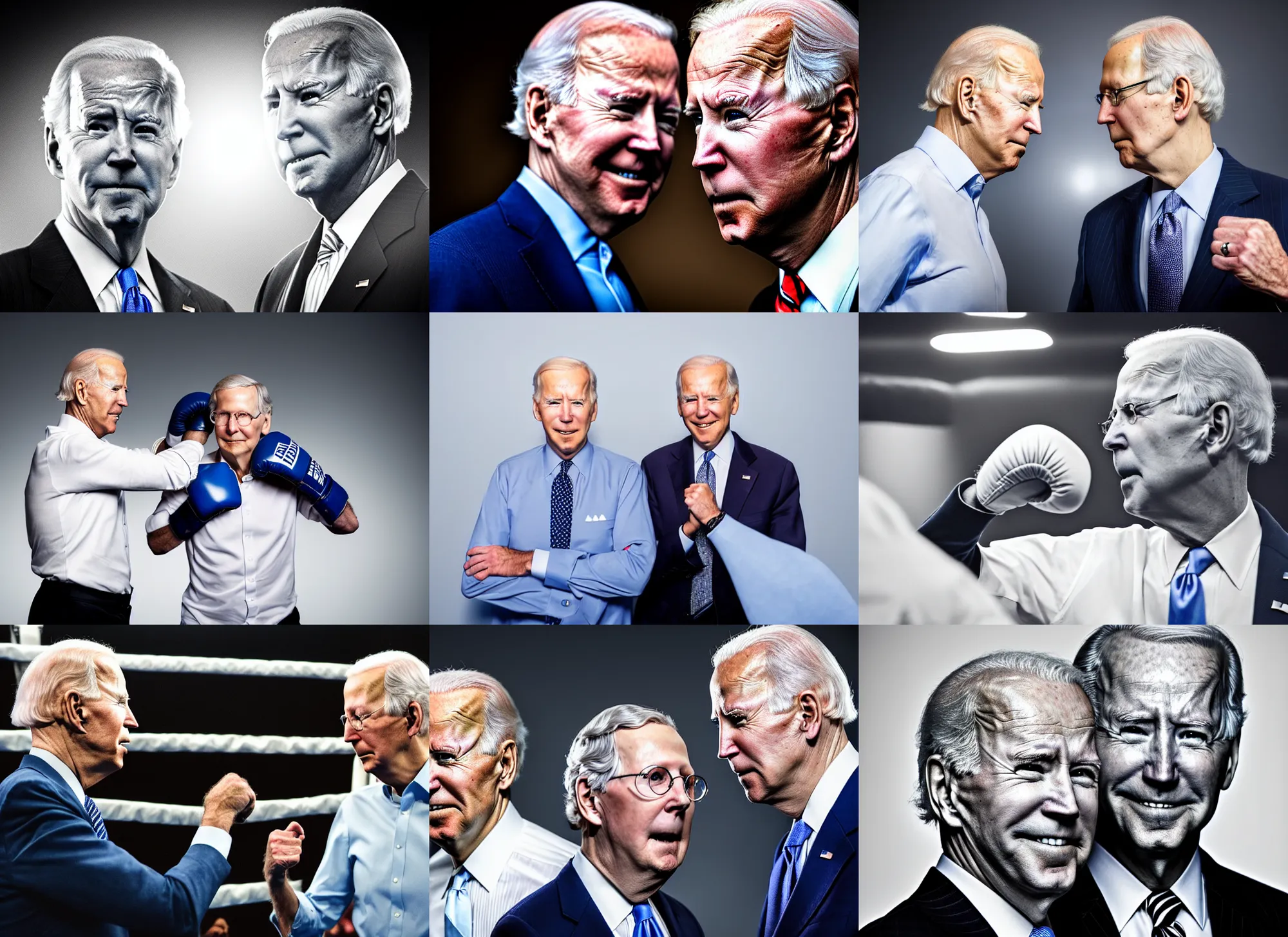 Prompt: portrait photo of joe biden boxing mitch mcconnell, dim studio lighting, ( ( photograph ) ), moody, realistic, detailed, low light, skin tinted a warm tone, light blue filter