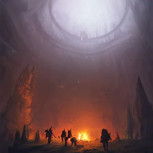 Prompt: A party of adventurers setting up camp in a dark dungeon, D&D, fantasy, digital painting, detailed, artstation, pixiv, Krenz Cushart, Greg Rutkowski