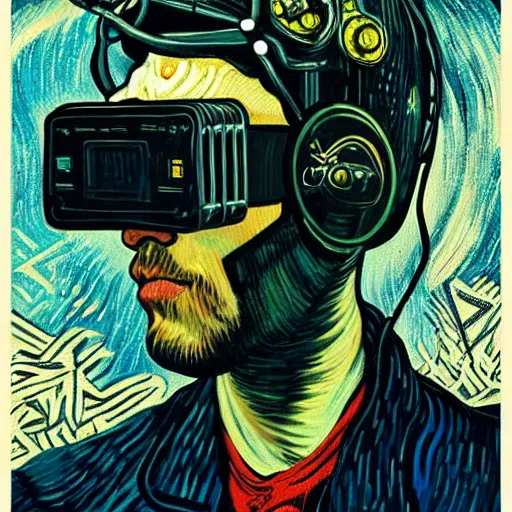 Prompt: Illustrated by Shepard Fairey and H.R. Giger | Cyberpunk Van Gogh with VR helmet, surrounded by cables