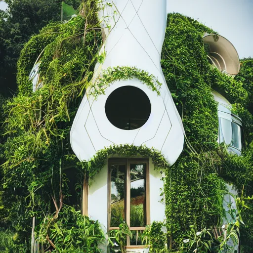 Prompt: futuristic house white covered in plants, hanging vines, motorcycle