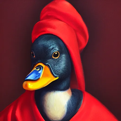 Prompt: portrait of cute mallard duck, wearing cultist red robe, doing witchcraft, expressive oil painting, digital art, octane render